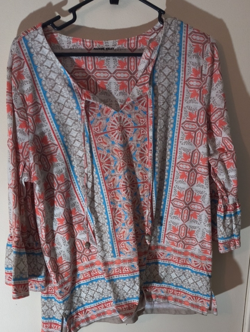 Allison Daley Coral, Blue & Gray Printed Boho Blouse